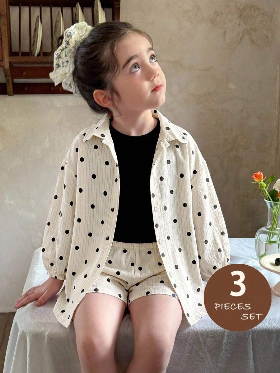 SHEIN 女童波点印花衬衫和短裤套装 - 黑與白 - 查看 1