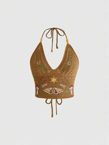 ROMWE Women's Retro Fairycore Countryside Style Mushroom & Vine Embroidered Knit Halter Top - Brown - View 1