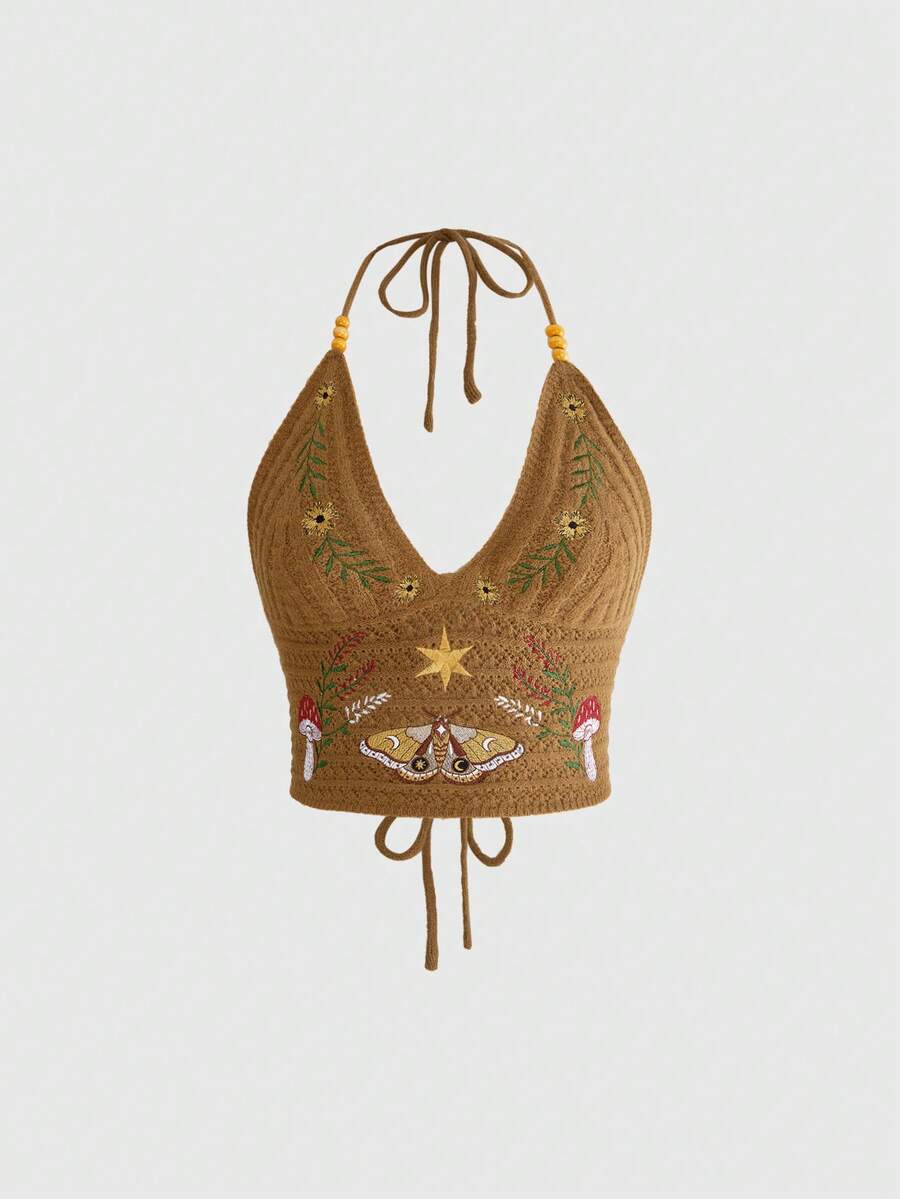 ROMWE Women's Retro Fairycore Countryside Style Mushroom & Vine Embroidered Knit Halter Top - Brown - View 1