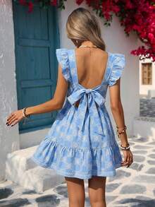 Vivid Eden Women's Summer Casual Vacation Floral Print Square Neck Ruffle Armhole Waist Cinched Ruffled Hem Mini Dress - Blue - View 6