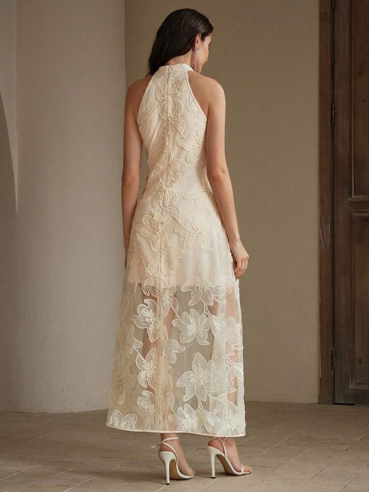 Women's Spring/Summer Sleeveless Halter Neck Dress With Exquisite 3D Floral Embroidery, Suitable For Evening Gowns And Other Formal Occasions