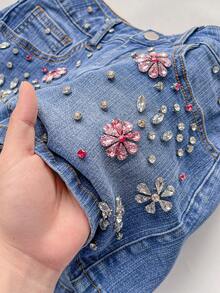 Elamini Chân váy mini denim cạp thấp đính đá lấp lánh - Màu xanh lam - Xem 4