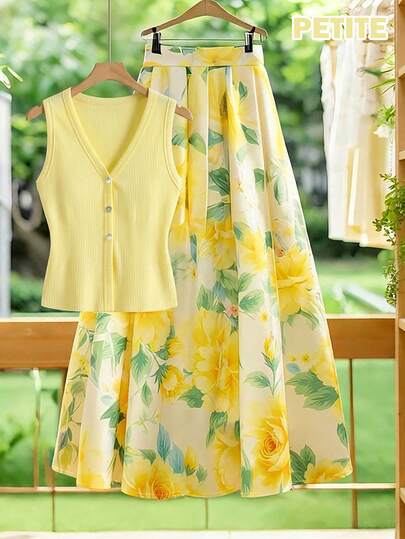 SHEIN PETITE Bộ đồ nữ thời trang gồm áo cardigan không tay cổ chữ V và chân váy chữ A in họa tiết, thích hợp cho hẹn hò, đi chơi, du lịch, mặc thường ngày, bộ đồ hè năng động, bộ đồ thanh lịch giúp thon gọn vóc dáng.