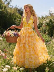 SHEIN Glamour Đầm voan nữ, đầm vàng, chân váy xếp tầng, đầm dài dự tiệc, đầm đi biển, trang phục mùa hè - Màu vàng - Xem 3