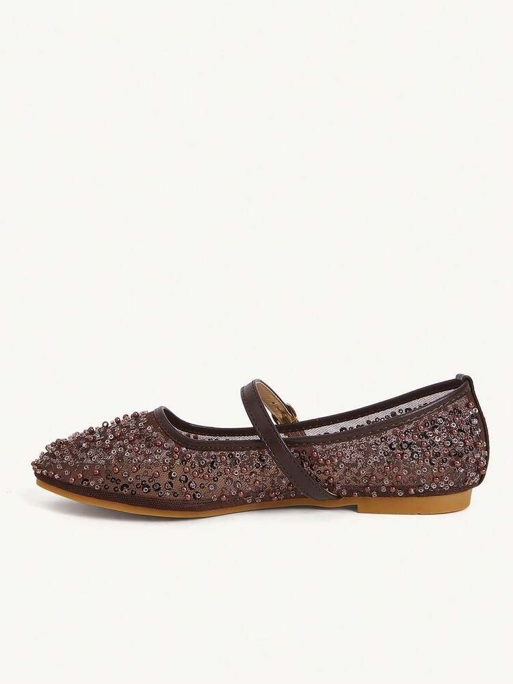 CUCCOO CHICEST Spring And Summer New Round Toe Flat Bottom Brown Sequined Pearl Mesh Women's Flat Sole Shoes Fashionable Elegant Comfortable Gorgeous Wedding Banquet Women's Shoes Mary Jane Flats