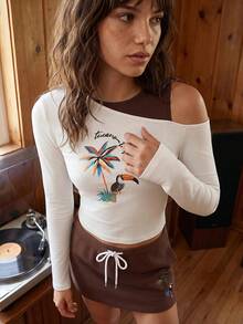 CAJUNI Women's Letter & Palm Tree Print Asymmetric Collar Long Sleeve T-Shirt - White - View 5