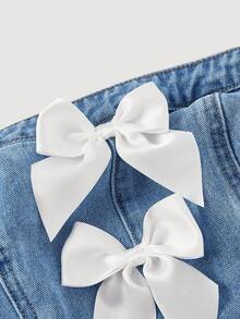 SHEIN MOD Women's Bow Decor Tube Top And Wide Leg Jeans Casual Y2k Cute Suit Back-To-School Everyday Date Sky Blue Aqua Blue Summer - Blue - View 7