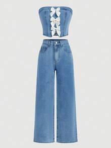 SHEIN MOD Women's Bow Decor Tube Top And Wide Leg Jeans Casual Y2k Cute Suit Back-To-School Everyday Date Sky Blue Aqua Blue Summer - Blue - View 10