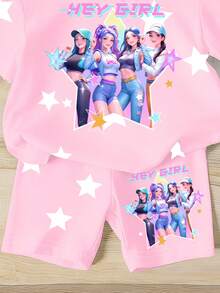 1 Set Young Girls' Light Pink Summer Casual Fashionable Sweet K-POP Girl Pattern & Pentagram Print Short Sleeve T-Shirt And Cycling Shorts Set - Multicolor - View 8