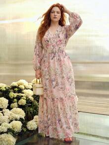 MOTF PREMIUM BLUSA CON ESTAMPADO FLORAL ROMÁNTICO PARA MUJER TALLA GRANDE, PRIMAVERA/VERANO - Rosa - Ver 3
