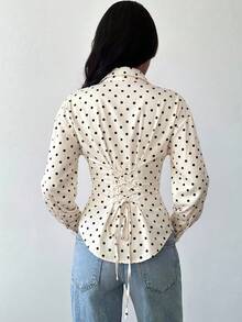 Firerie 女士蓝白条纹长袖衬衫，系带腰身，休闲通勤衬衫，度假衬衫，收腰条纹衬衫，适合春、夏、秋、冬四季穿着，优雅，度假风，波西米亚风，工作装 - 杏色 - 查看 2