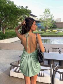 Firerie Women's Elegant Pleated Solid Color Halter Dress - Green - View 3