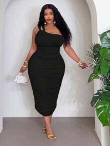 Slaydiva Women's Plus Size Elegant Black Summer Mid-Length Dress Formal Party Cocktail Date Night Evening Out Club Body-Hugging Side-Pleated Backless - Black - View 3