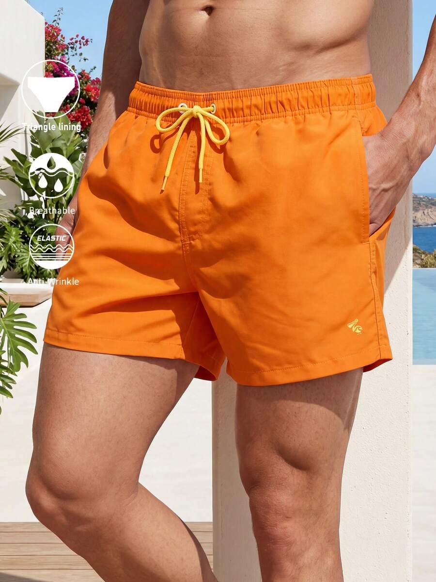 Palasendo Men Drawstring Waist Slant Pocket Swim Trunks - Orange - View 1
