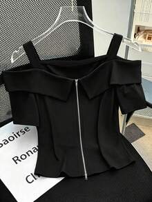 Resyla Fashionable Solid Color Gorgeous Off-Shoulder Top, Women's Summer Short Sleeve T-Shirt, Unique Beautiful Off-Shoulder Strap - Black - View 1