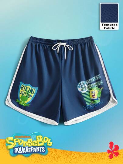SpongeBob SquarePants | SHEIN TOKVUE Quần short nam mùa hè kiểu dáng thể thao thường ngày, in chữ, viền tương phản, cạp chun có dây rút.