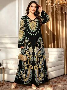 SHEIN Najma 大尺碼花卉與幾何刺繡圖案長洋裝，女裝時尚V領長袖洋裝，優雅阿拉伯風格服飾，莊重優雅的春夏季長洋裝 - 彩色 - 查看 4