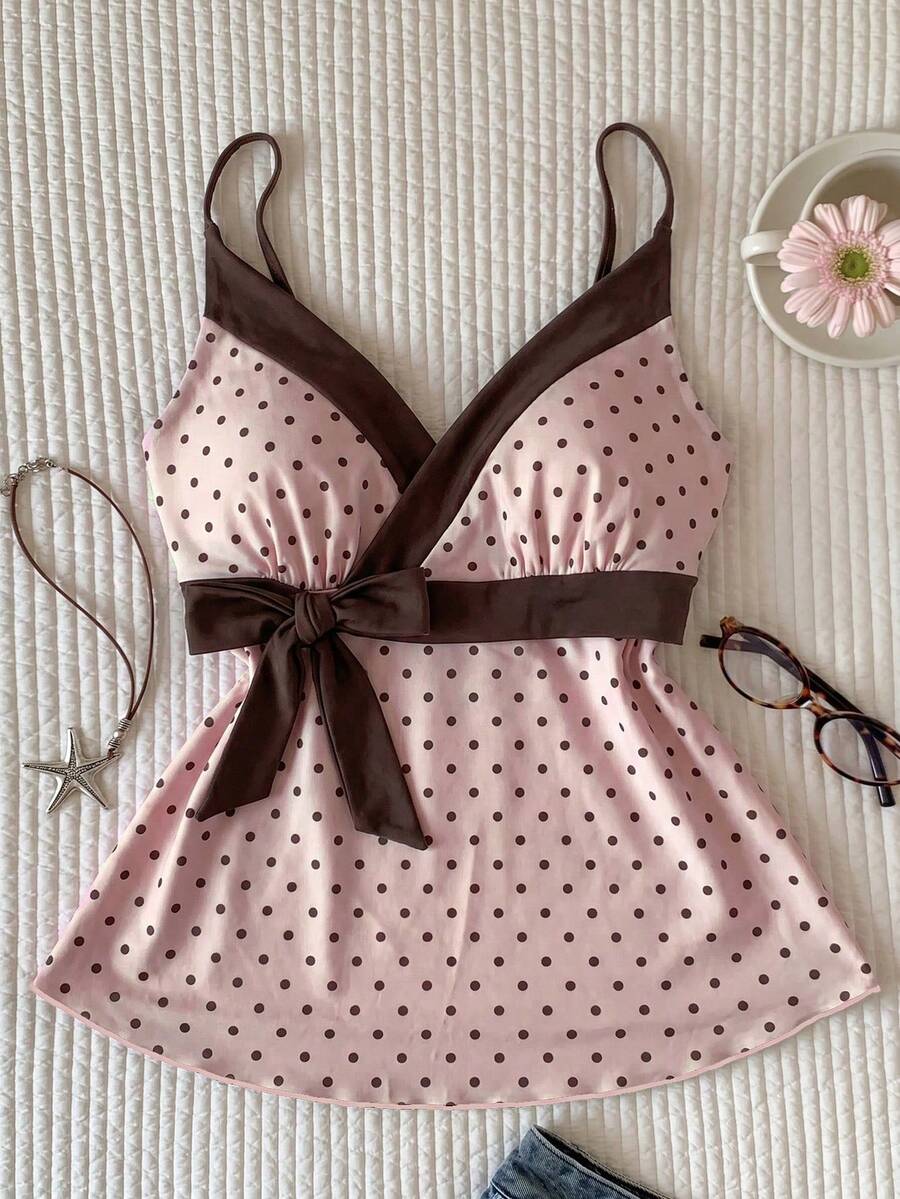 Comfortcana Áo hai dây buộc eo in chấm bi hồng dáng casual dành cho nữ, áo kiểu mùa hè. - Hồng - Xem 1