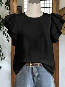 Mellowie Blusa casual de todos los días con cuello redondo, volantes y textura de unicolor para tallas grandes - Negro - Ver 4