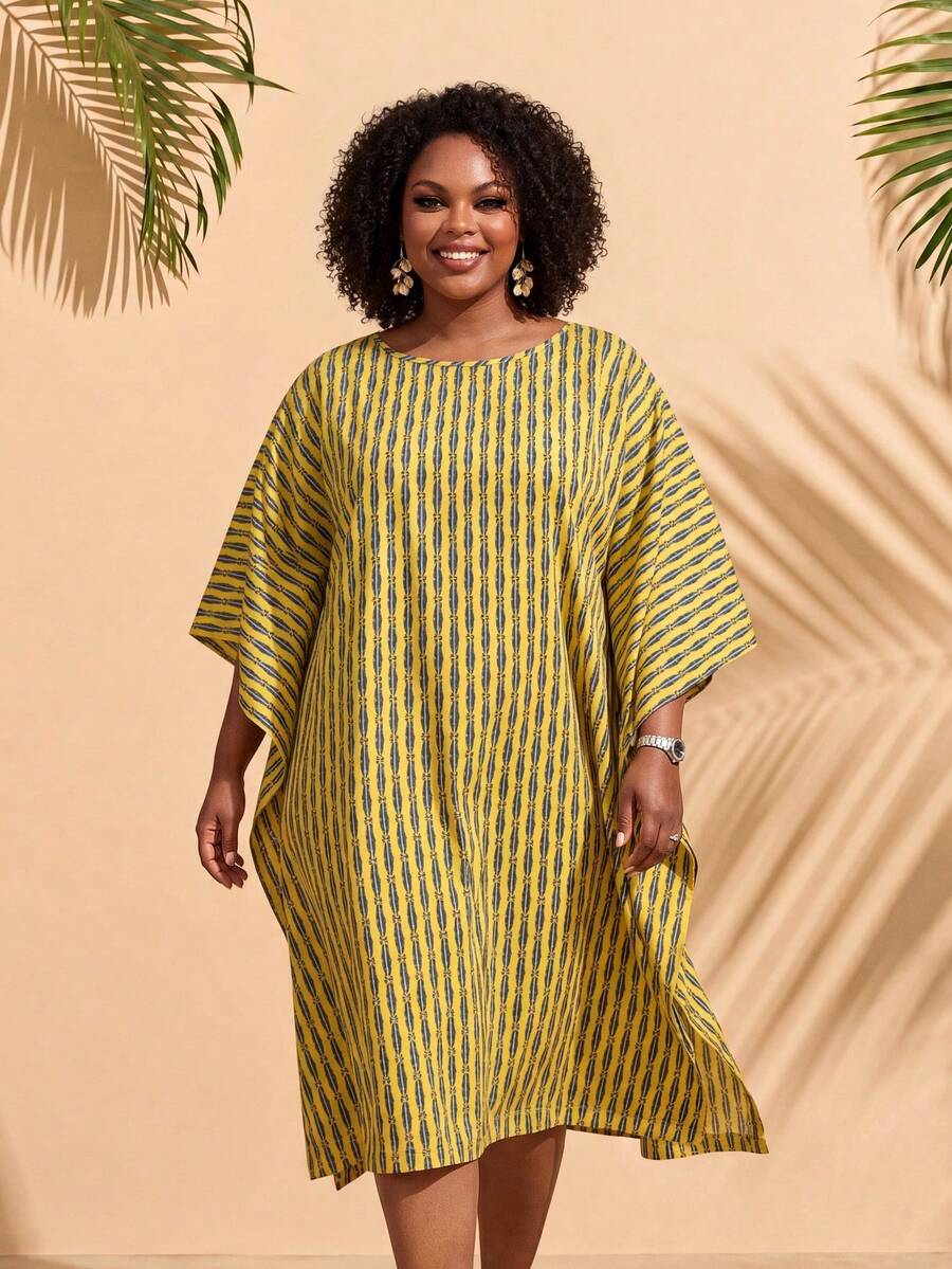EMERY ROSE Plus Size Minimalist Boho Printed Round Neck Short Sleeve Dress Summer Outfit For Women Festival Outfits Beach Beach Vacation Vacation Holiday Yellow - Multicolor - View 1