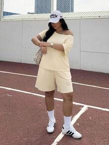 Muchica Apricot Plus Size Solid Color Asymmetrical Shoulder Short Sleeve Loose 2 Pieces Set, Comfortable For Summer - Apricot - View 4