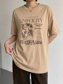 DAZY 字母印花街頭風女款寬鬆大尺寸T恤，日常米色夏季圖案短袖上衣 - 卡其色 - 查看 3