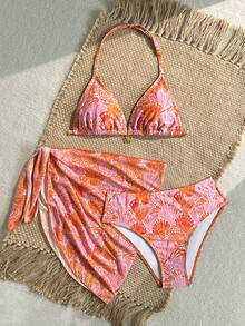 SHEIN 青少年女孩 3件組/套 夏季海灘金屬裝飾貝殼印花比基尼上衣、三角泳褲與繫帶罩衫裙泳裝 - 橘色 - 查看 3