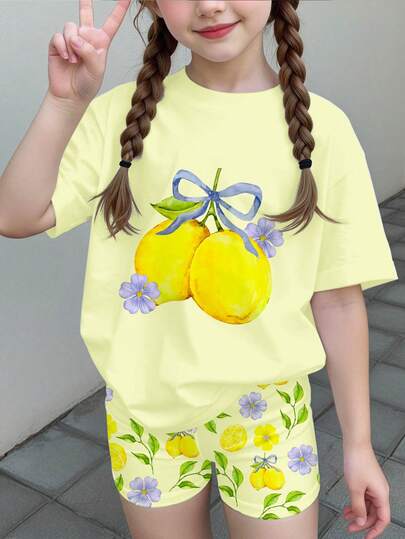 可爱复古奶油柠檬印花，清新奶油格纹图案，度假乡村风，少女休闲简约短袖T恤短裤两件套，适合夏季穿着