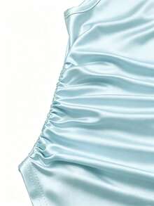 SHEIN LUNE Asymmetrical Neckline Metal Buckle Decor, Ruched Waist Fitted Bodysuit - Blue - View 4