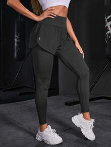 Powerista Quần legging thể thao nữ màu trơn phong cách tối giản - Màu xám đen - Xem 3