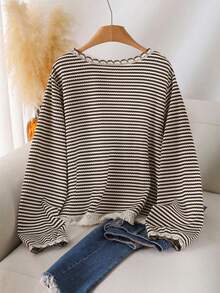 Franclia Plus Size Women Casual Striped Shell Trim Button Front Top Fall - Brown - View 2