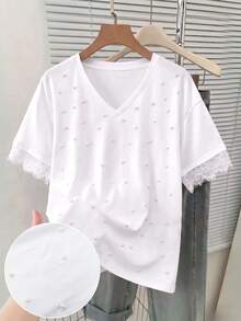 SuriyaCove Shiny Beaded, Lace Trim Fashionable Minimalist Women's Regular V-Neck T-Shirt, Gift For Friends - White - View 1