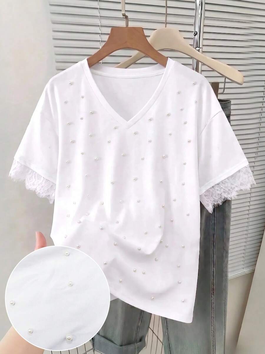 SuriyaCove Shiny Beaded, Lace Trim Fashionable Minimalist Women's Regular V-Neck T-Shirt, Gift For Friends - White - View 1