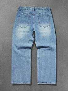 Manfinity EMRG Herrjeans med raka, vida ben och slitna detaljer i tvättad strass för gatumode - Ljustvätt - Visa 2