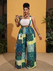 Maweii Plus Size Women Retro Patchwork Print Jumpsuit - Green - View 3