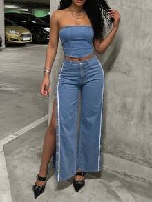 StreetHx Conjunto de top corto de denim estilo casual y jeans de pierna ancha con botones a los lados y rayas en contraste, para primavera/verano - Lavado ligero - Ver 2