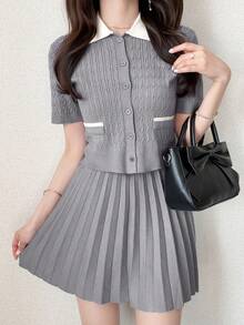 DAZY Women's Contrast Color Round Neck Short Sleeve Button Front Twist Knit Sweater 2 Pieces Set - Grey - View 2