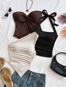 Blusa casual de mujer para vacaciones, boda en la playa, graduación, brunch, elegante estilo bohemio tropical sin mangas con moño, tirantes anudados, bajo asimétrico, diseño espalda - Multicolor 2 - Ver 5