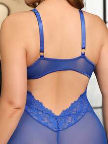 Seduluxe 2pcs/Set Plus Size Lace Contrast Mesh Wireless Lingerie Dress Wedding Guest Royal Blue Summer - Blue - View 8