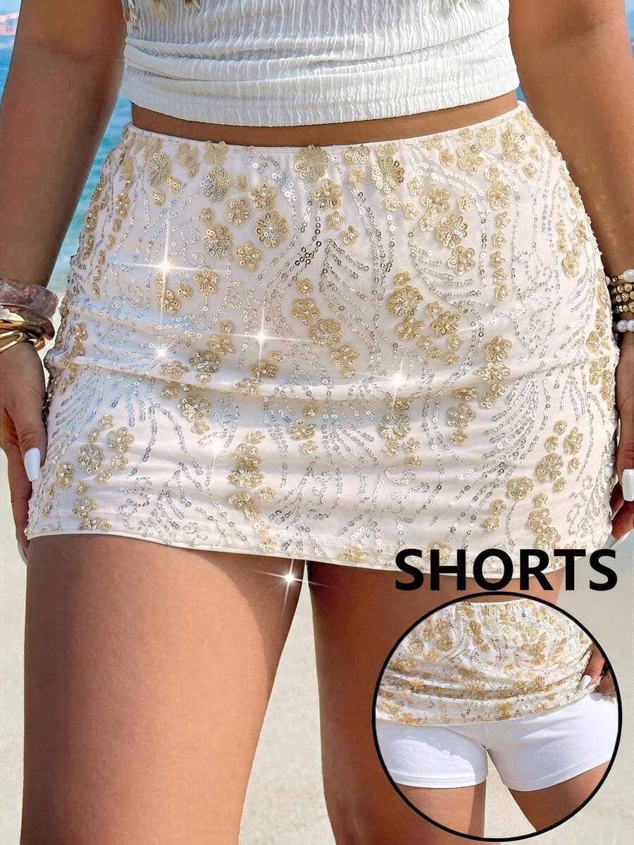 GalTyme Plus Size Beaded Decor Casual Skirt - Yellow - View 1