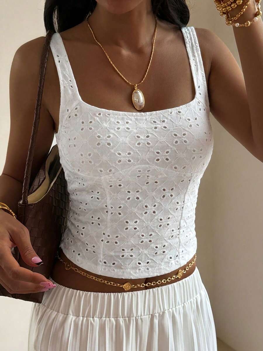 Korevelle 女款鏤空刺繡方領休閒百搭背心短版上衣 夏季 - 白色 - 查看 1