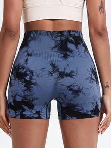 Slayform Slayform Shorts de sport tie-dye pour femmes, shorts de yoga taille haute amincissants pour le fitness - Bleu marine - Voir 2