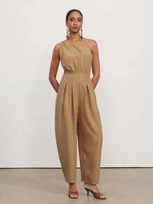 Vesra Bộ jumpsuit nữ dáng rộng, xếp ly, bất đối xứng, có túi vai, chất liệu vải dệt họa tiết, kiểu dáng thường ngày. - Màu Khaki - Xem 3