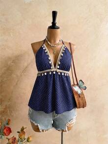 Sweetra Women's Summer Bohemian Camisole, Brown Polka Dot Ruffle Hem Shirt With Shell Sequin Decor, Deep V-Neck Beach Gym Top - Navy Blue - View 1