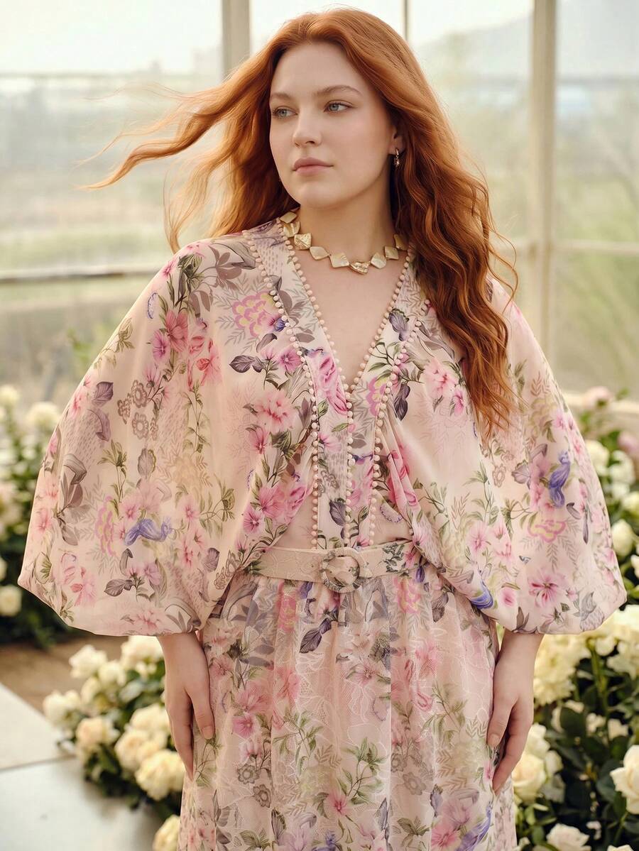 MOTF PREMIUM PLUS SIZE WOMEN'S ROMANTIC FLORAL PRINT BLOUSE, SPRING/SUMMER FALL - Pink - View 2