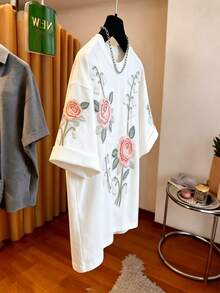 GlowEve Camiseta casual de mujer de cuello redondo de manga corta con bordado floral 3D y perlas, elegante y romántica para el verano - Blanco - Ver 4