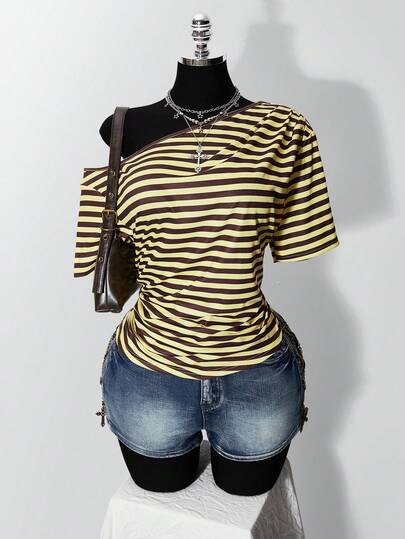 SHEIN ICON Plus Size Women Striped Off-Shoulder T-Shirt