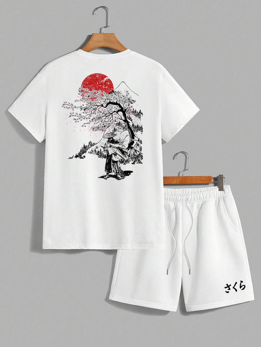 Manfinity Homme 男士標準尺寸白色短袖T恤與短褲套裝,度假風 - 白色 - 查看 1