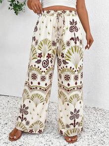 SHEIN Frenchy Plus Size Women's Printed Drawstring Waist Wide Leg Pants - Multicolor - View 6