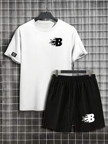 Manfinity Homme 男士火焰與B字母印花套裝T恤短褲套組，男士休閒服飾，度假風 - 彩色 - 查看 3